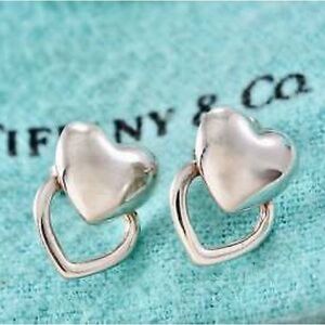 Tiffany & Co. RARE Sterling Silver Two Full Open Hearts Stud Earrings